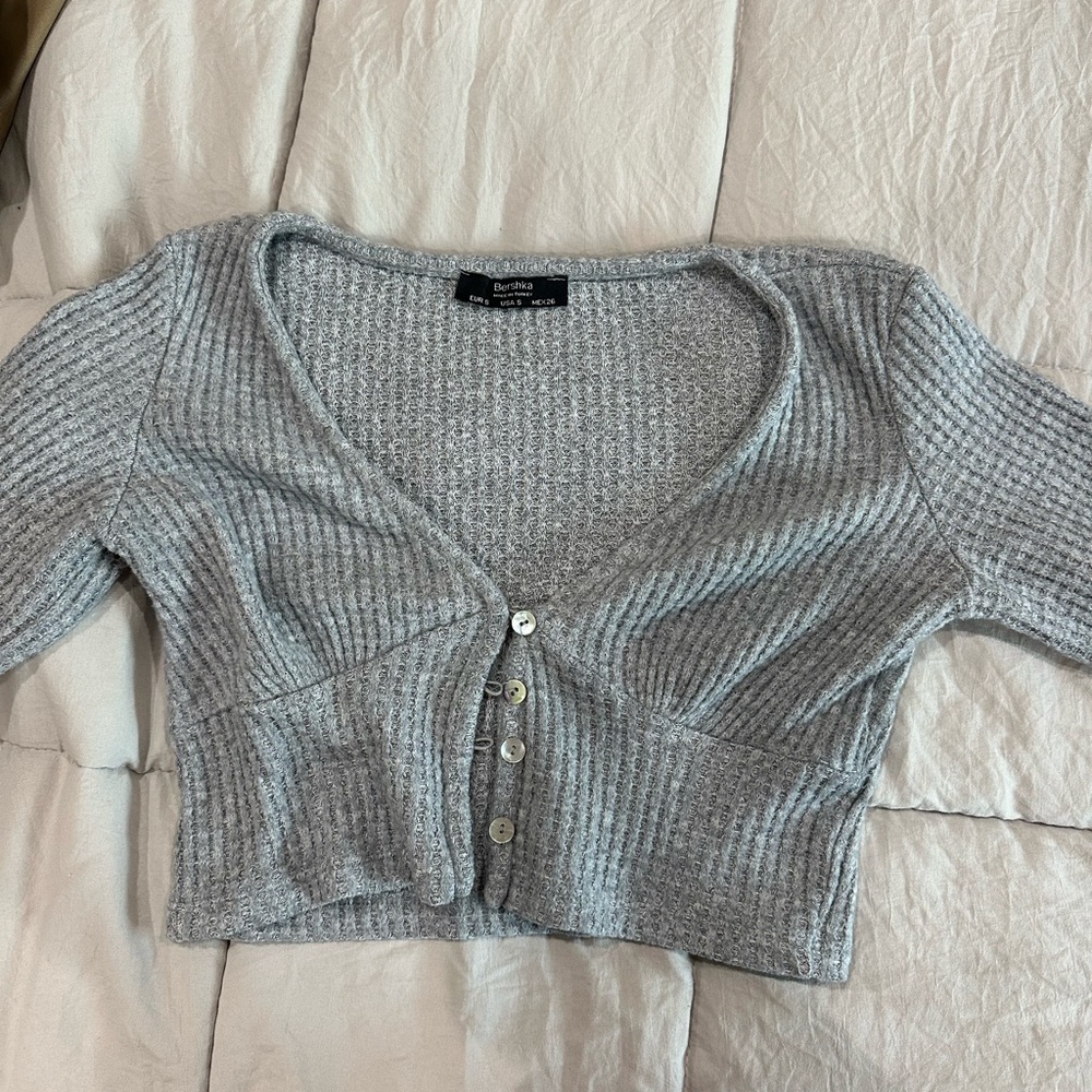 Bershka Light Gray Ribbed Button-Up Blouse